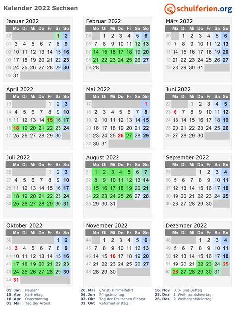 Kalender 2022 + Ferien Sachsen, Feiertage