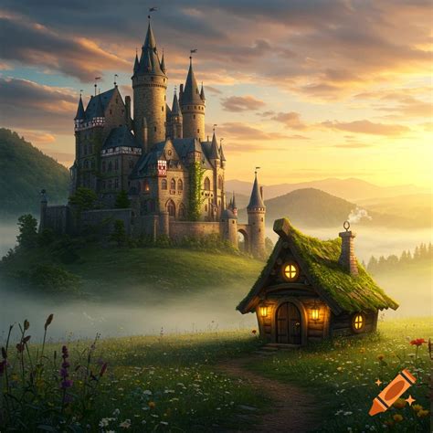 A majestic fantasy castle overlooks a whimsical moss-roofed cottage in a misty, sunlit valley at ...