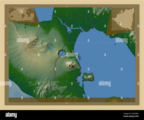 Granada, department of Nicaragua. Colored elevation map with lakes and ...