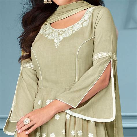 Light Olive Green Embroidered Rayon Sharara Suit