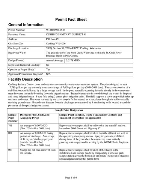 Fillable Online dnr wi WPDES Permit Fact Sheet for Cushing Sanitary ...
