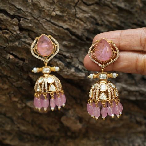 Hradha Polki Jhumka - Pastel Pink