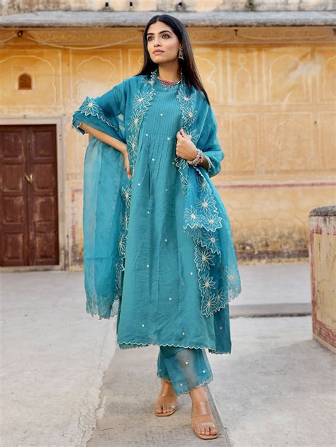 Blue Mirror Work Cotton Suit - Set of 3