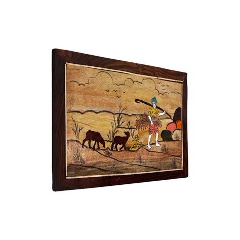 Mysore Inlay Rosewood Painting of a Farmer Carrying Crops Accompanied ...
