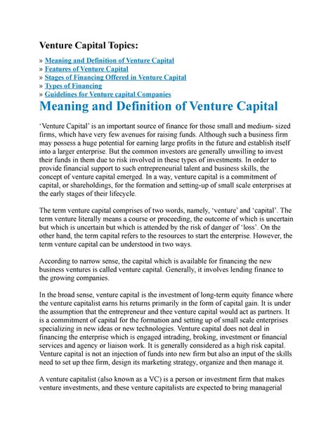 Venture Capital-FULL - Venture Capital Topics: » Meaning and Definition of Venture Capital ...