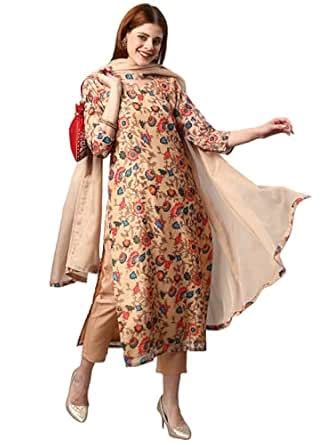 GoSriKi Women's Cotton Blend Floral Printed Straight Kurta with Pants ...