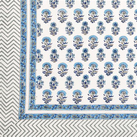 Pure Cotton Table Cloth Rajasthani Hand Block Printed (BLUE GREY BUTI ...