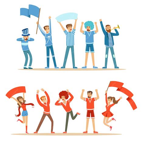 Two groups of football sports fans supporting teams in red and blue ...