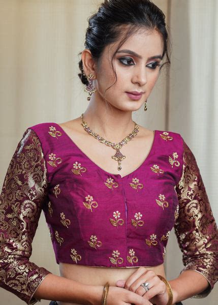 Magenta Cotton Silk Blouse with Hand Embroidery Work and Banarsi Sleev ...