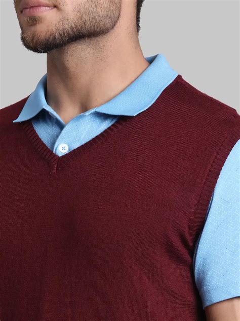 Men Red Regular Fit Solid Wool Blend Sleeveless V Neck Collar Sweaters ...