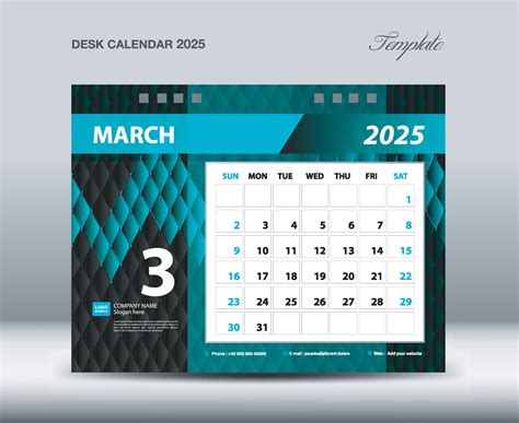 Desk Calendar 2025 template , March 2025 year, Week starts Sunday ...