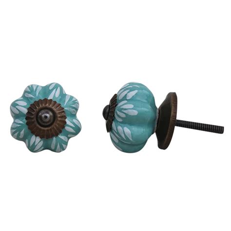 Indian-Shelf 2 Pieces Handmade Door Knobs Green Leaf Ceramic Knobs for ...