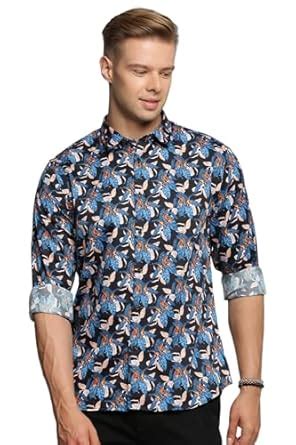SHOWOFF Men's Long Sleeves Spread Collar Floral Blue Slim Fit Shirt ...