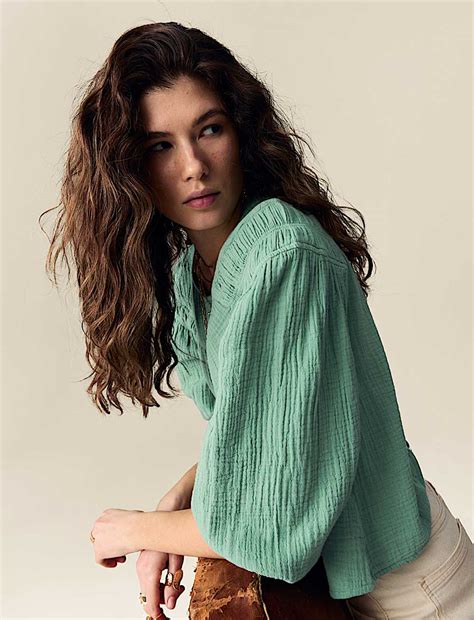 Buy Pure Cotton Blouson Sleeve Popover Blouse at Marks & Spencer