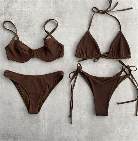 Brown Ribbed Bikini Sets Swimwear Summer Beach Brown Aesthetics ...