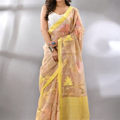 Beige Muslin Silk Jamdani Saree With Yellow Border & Floral Design ...