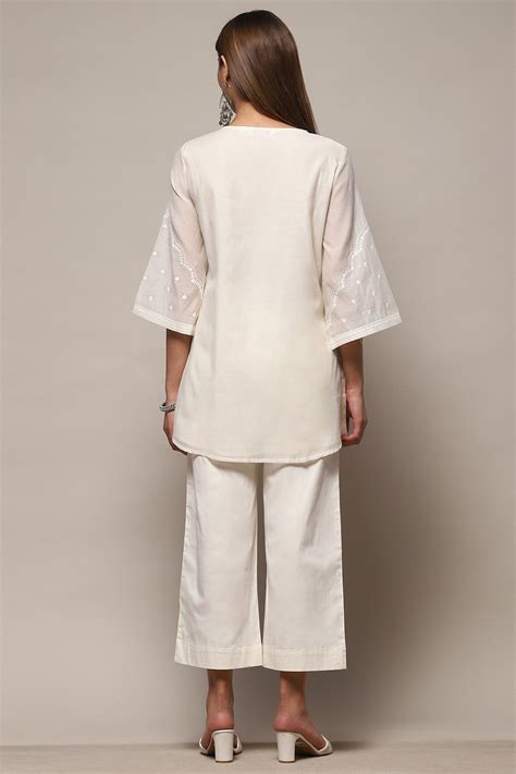 Off White Polyester Straight Kurta Set at Biba India
