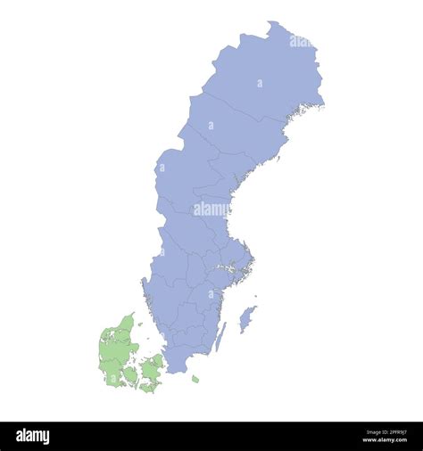 High quality political map of Sweden and Denmark with borders of the regions or provinces ...