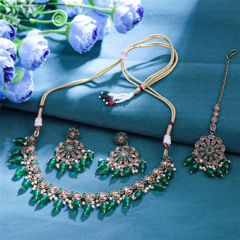 Sukkhi Green Gold Plated Reverse Ad & Pearl Choker Necklace Set For Wo ...