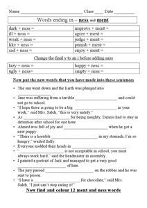 Ness and Ment Word Endings Worksheet for 2nd - 3rd Grade | Lesson Planet