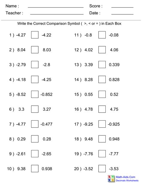 Comparing Decimals Practice