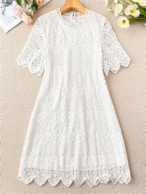 Breezaya Hollow-Out Random-Cut Water-Soluble Lace Round-Neck Short ...