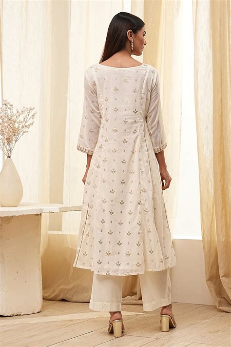 Buy Cream-Colored Cotton Foil Printed Kalidar Suit Set Online at Biba India