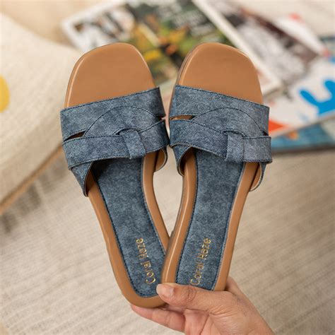 Denim Blue Rhinestone Strap Flat Sandals – Coral Haze