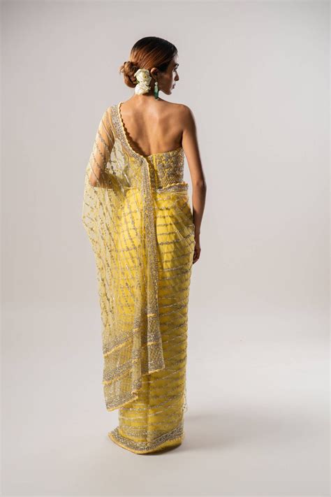Yellow Stone Work Pre Stitched Saree With Embroidered Corset – Esha ...