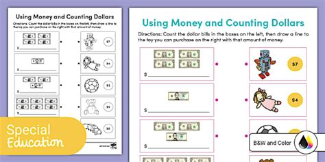 Using Money and Counting Dollars Worksheet for Special Ed