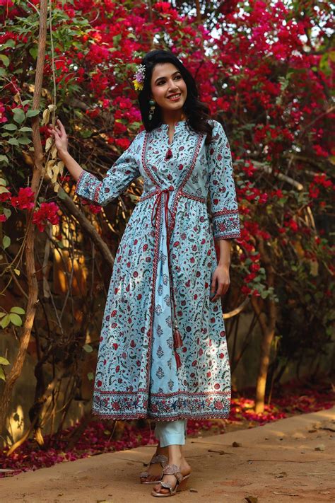 Buy Juniper Blue Floral Printed Pure Cotton Flared Kurta. Online in India