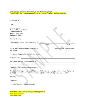 Fillable Online unh SAMPLE LETTER TO SUPPORT READMISSION AFTER A HEALTH ...
