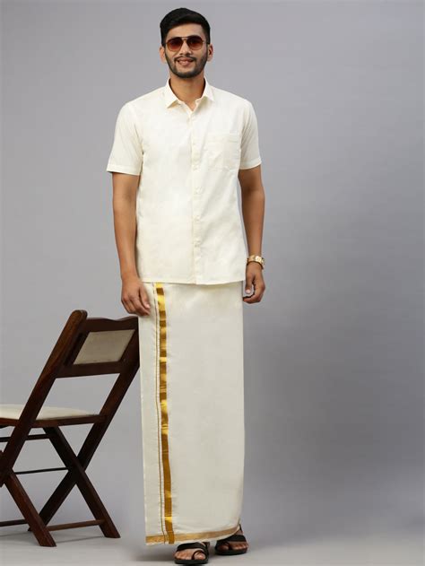 Men Kora Cotton Double Layer Cream Dhoti with 1"inch Gold Jari Border ...