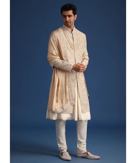 Gold Silk Mirror Work Sherwani Set With Dupatta – Nikaza Asian Couture