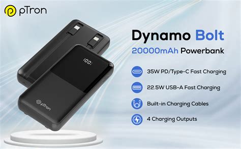 pTron Dynamo Bolt 20000mAh Power Bank w/Inbuilt Charging Cables, 35W ...