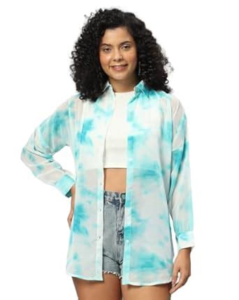 Buy FUNDAY FASHION Women Tie-Dye Casual Long Shirt (Small, Blue) at ...