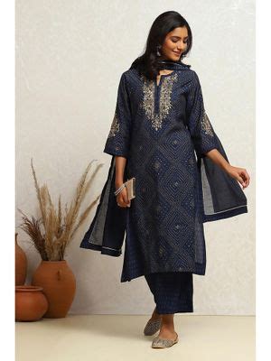 Buy Biba Women Modal Fabric Embroidered Navy Blue Kurta with Palazzo ...