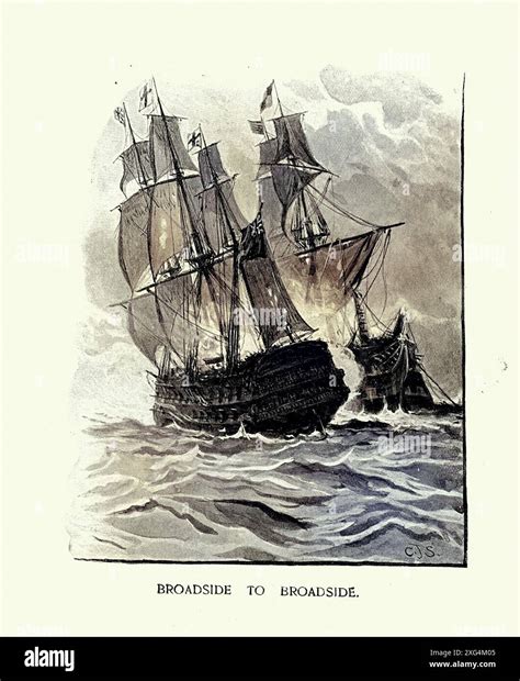 British Royal Navy warship HMS Powerful (1783), in battle firing ...