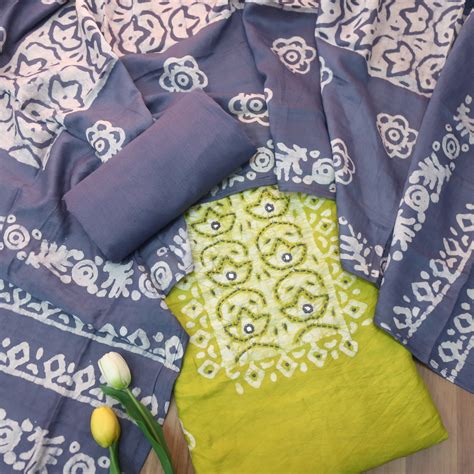 Sulari Bright Corn Yellow French Knot Batik Print Neck Chanderi Suit S ...