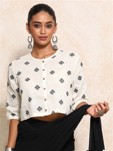 Elbow Sleeves Saree Blouse in White Jacquard Cotton – Binks