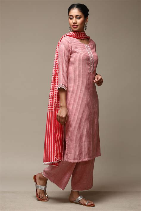 Red Cotton Blend Straight Kurta Palazzo Suit Set