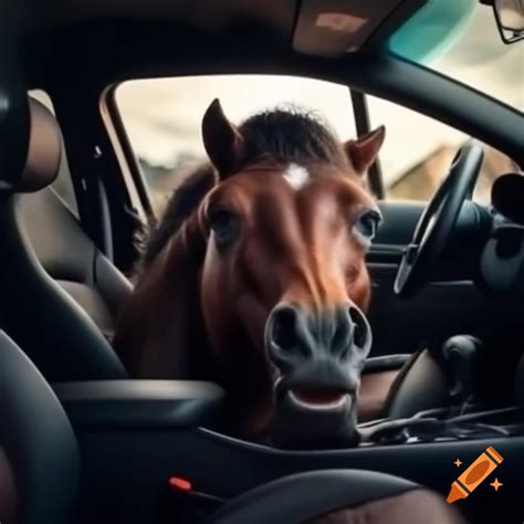 Angry horse inside car, looking to escape on Craiyon