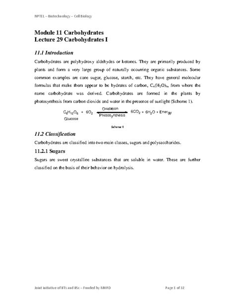 Mod11 - Notes - Module 11 Carbohydrates Lecture 29 Carbohydrates I 11 ...