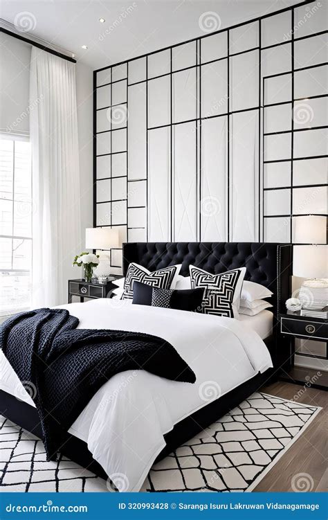 Luxurious Black-and-White Themed Bedroom with Modern Elegance Stock ...