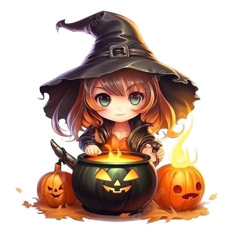 Cute Halloween Pumpkin Witch Making Spell With Cauldron, Happy ...