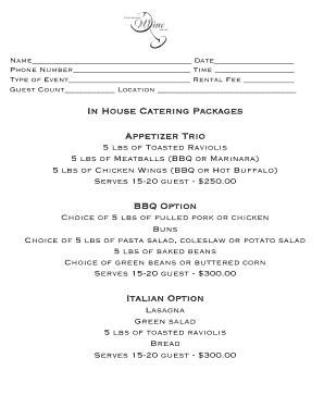 Fillable Online In House Catering Packages Appetizer Trio BBQ Option ...