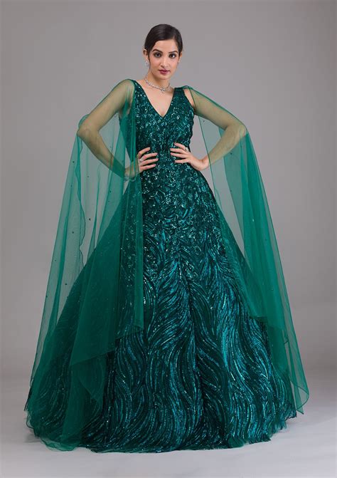 Buy Bottle Green Sequins Net Designer Gown - Koskii
