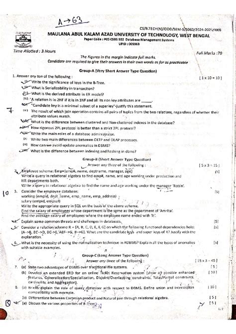 A63 Utech Paper Code: 502 Database Management Systems Final Exam Guide ...