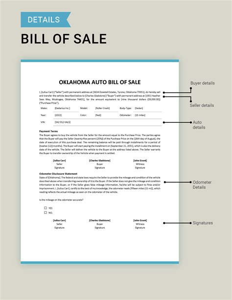 Oklahoma Auto Bill of Sale Template in PDF, Word, Google Docs ...