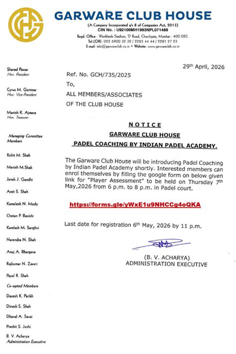 Notice Dt.29.04.2026 Regarding Padel Coaching - Garware Club House